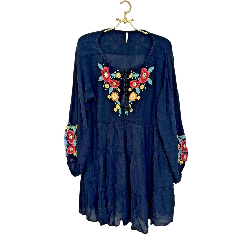 Free People Faded Bloom Embroidered Mini Dress Black Floral Boho Small